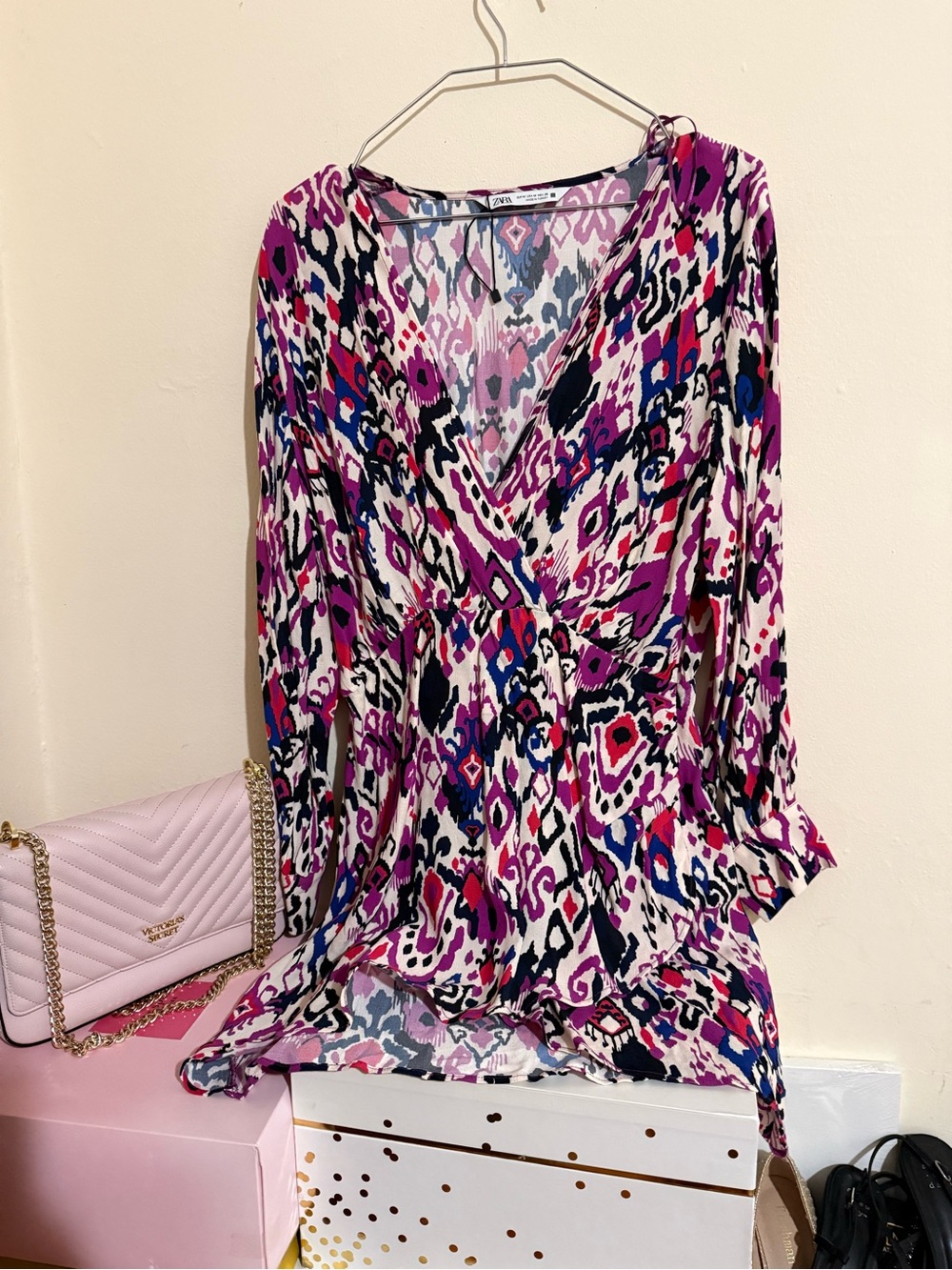 Zara Pink, Blue and Black Ikat-Print Mini Dress